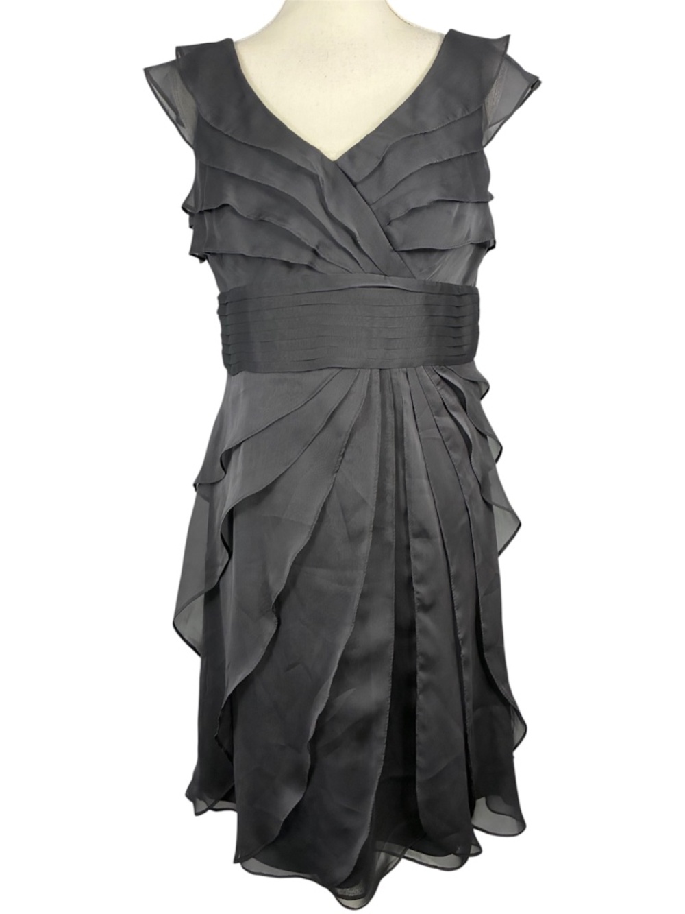Adrianna Papell Layered Cocktail Dress 12P Petite Charcoal Gray Chiffon Flutter
